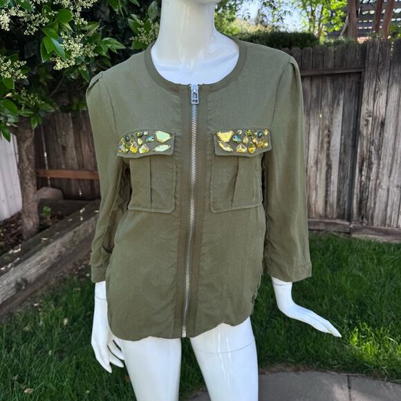 H&M Conscious Collection Beaded Jacket Olive Green Women's Size 6 - Picture 1 of 9